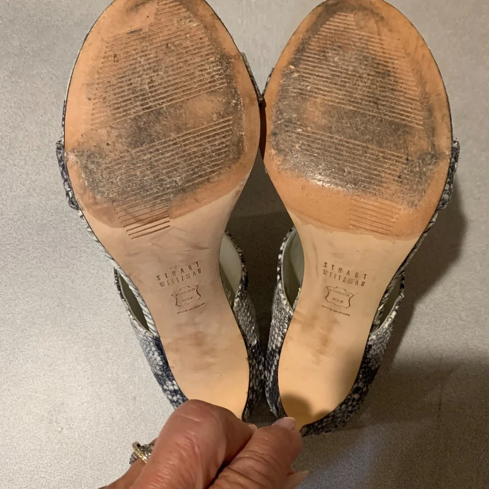 Stuart Weitzman Gray/Cream Snakeprint Leather Slide Sandals sz 9 M